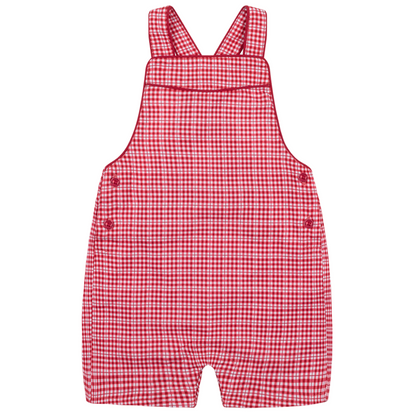 The Minnow Baby' Malibu Poppy Gingham Short Overall features red and white checks, shoulder straps, and side buttons. Shown flat on a white background, this cute piece is perfect for your little one’s summer fun.