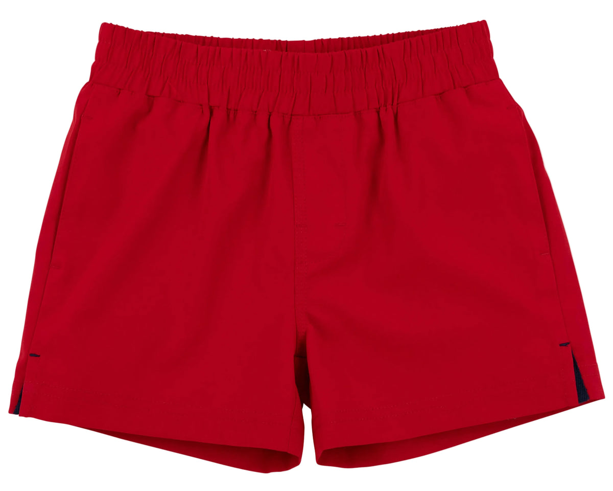 Baby Boys’ and Boys’ Prepletic™ Sheffield Shorts by The Beaufort Bonnet Company—featuring a bright red color, elastic waist, smooth front, and subtle side slits—are displayed laid flat on a white background.