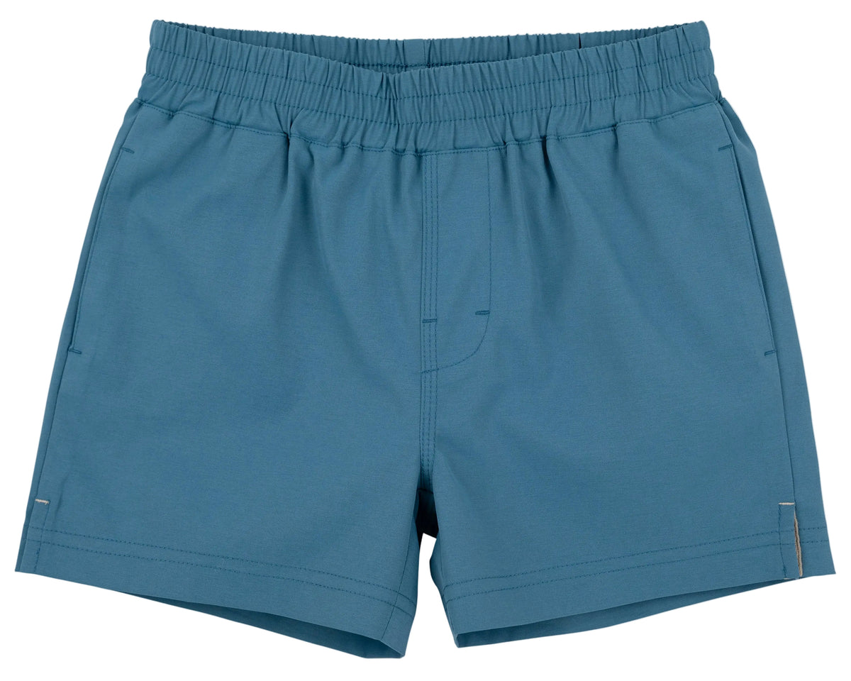 Baby Boys’ and Boys’ Prepletic™ Sheffield Shorts by The Beaufort Bonnet Company, featuring a blue pull-on design with an elastic waistband, front stitching, and a short length, are shown laid flat on a plain white background. These shorts combine comfort with classic style.