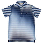 The Beaufort Bonnet Company Baby Boys’ and Boys’ Prim and Proper Short Sleeve Pima Polo features blue, white, and light blue horizontal stripes, a three-button collar, and a small animal logo on the left chest. Made from soft Pima Cotton Knit for all-day comfort.