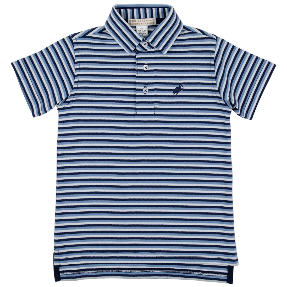 The Beaufort Bonnet Company Baby Boys’ and Boys’ Prim and Proper Short Sleeve Pima Polo features blue, white, and light blue horizontal stripes, a three-button collar, and a small animal logo on the left chest. Made from soft Pima Cotton Knit for all-day comfort.