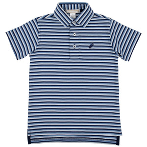 The Beaufort Bonnet Company Baby Boys’ and Boys’ Prim and Proper Short Sleeve Pima Polo features blue, white, and light blue horizontal stripes, a three-button collar, and a small animal logo on the left chest. Made from soft Pima Cotton Knit for all-day comfort.