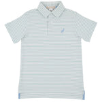 The Beaufort Bonnet Company’s Baby Boys’ and Boys’ Prim and Proper Short Sleeve Pima Polo features light blue and white stripes, is crafted from soft Pima cotton knit, and includes a collar, three buttons, and a small embroidered logo on the chest.