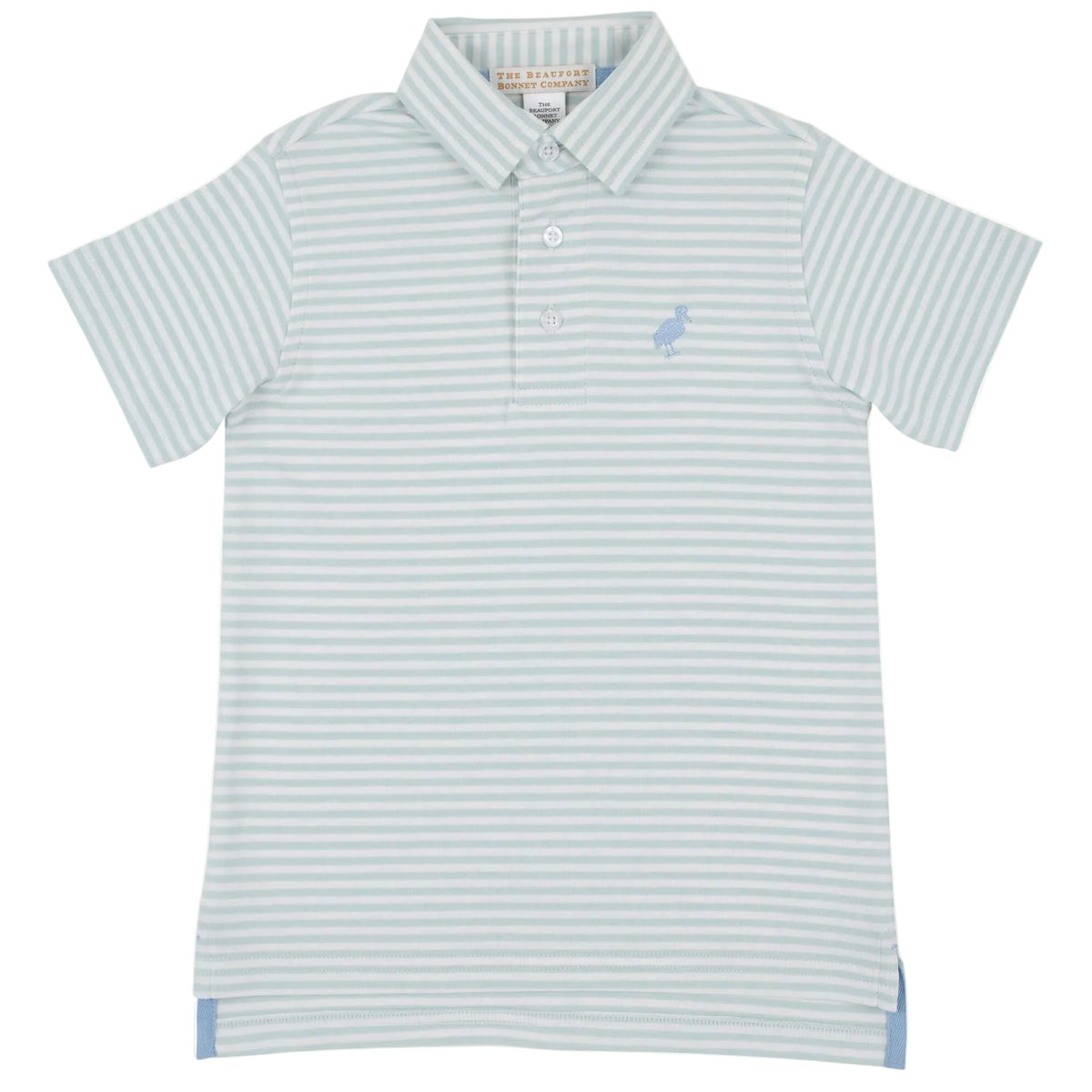 The Beaufort Bonnet Company’s Baby Boys’ and Boys’ Prim and Proper Short Sleeve Pima Polo features light blue and white stripes, is crafted from soft Pima cotton knit, and includes a collar, three buttons, and a small embroidered logo on the chest.