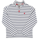 The Beaufort Bonnet Company’s Baby Boys’ and Boys’ Hayword Half-Zip is a white long-sleeve pullover with navy horizontal stripes, a quarter-zip neckline, and a small red embroidered bird logo on the chest—perfect for adding classic charm to any young gentleman’s wardrobe.