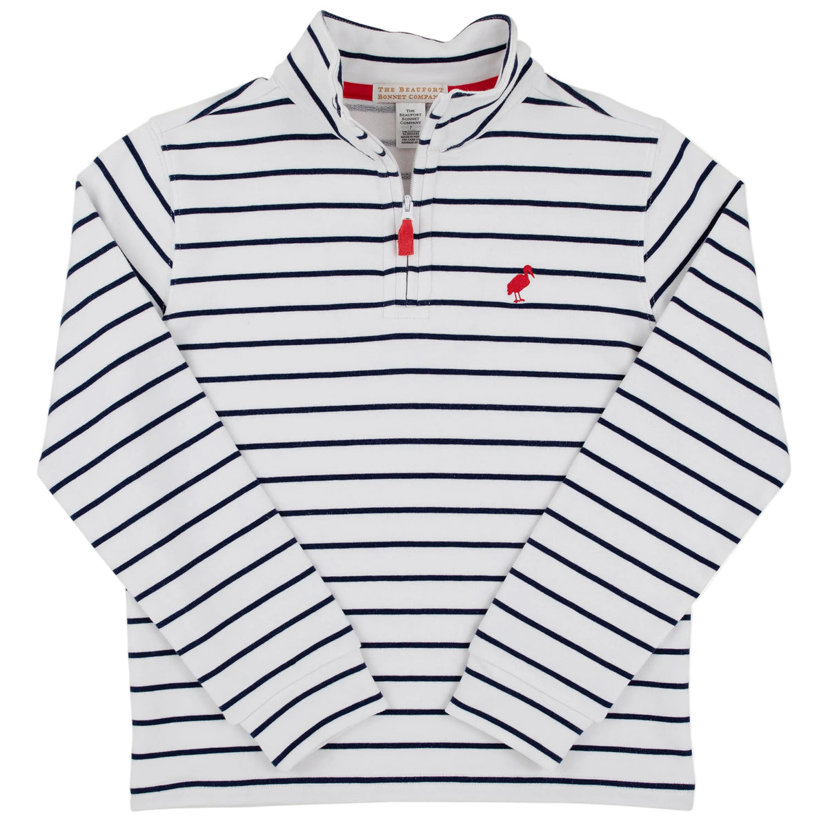 The Beaufort Bonnet Company’s Baby Boys’ and Boys’ Hayword Half-Zip is a white long-sleeve pullover with navy horizontal stripes, a quarter-zip neckline, and a small red embroidered bird logo on the chest—perfect for adding classic charm to any young gentleman’s wardrobe.