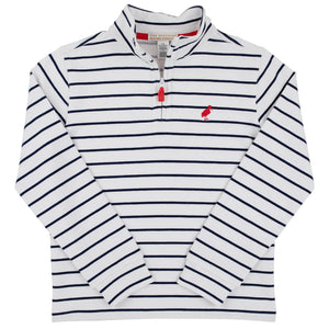 The Beaufort Bonnet Company’s Baby Boys’ and Boys’ Hayword Half-Zip is a white long-sleeve pullover with navy horizontal stripes, a quarter-zip neckline, and a small red embroidered bird logo on the chest—perfect for adding classic charm to any young gentleman’s wardrobe.