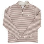 The Beaufort Bonnet Company Baby Boys’ and Boys’ Hayword Half-Zip features brown and white horizontal stripes, a quarter-zip collar, long sleeves, and a small embroidered logo on the left chest, offering a classic preppy style.