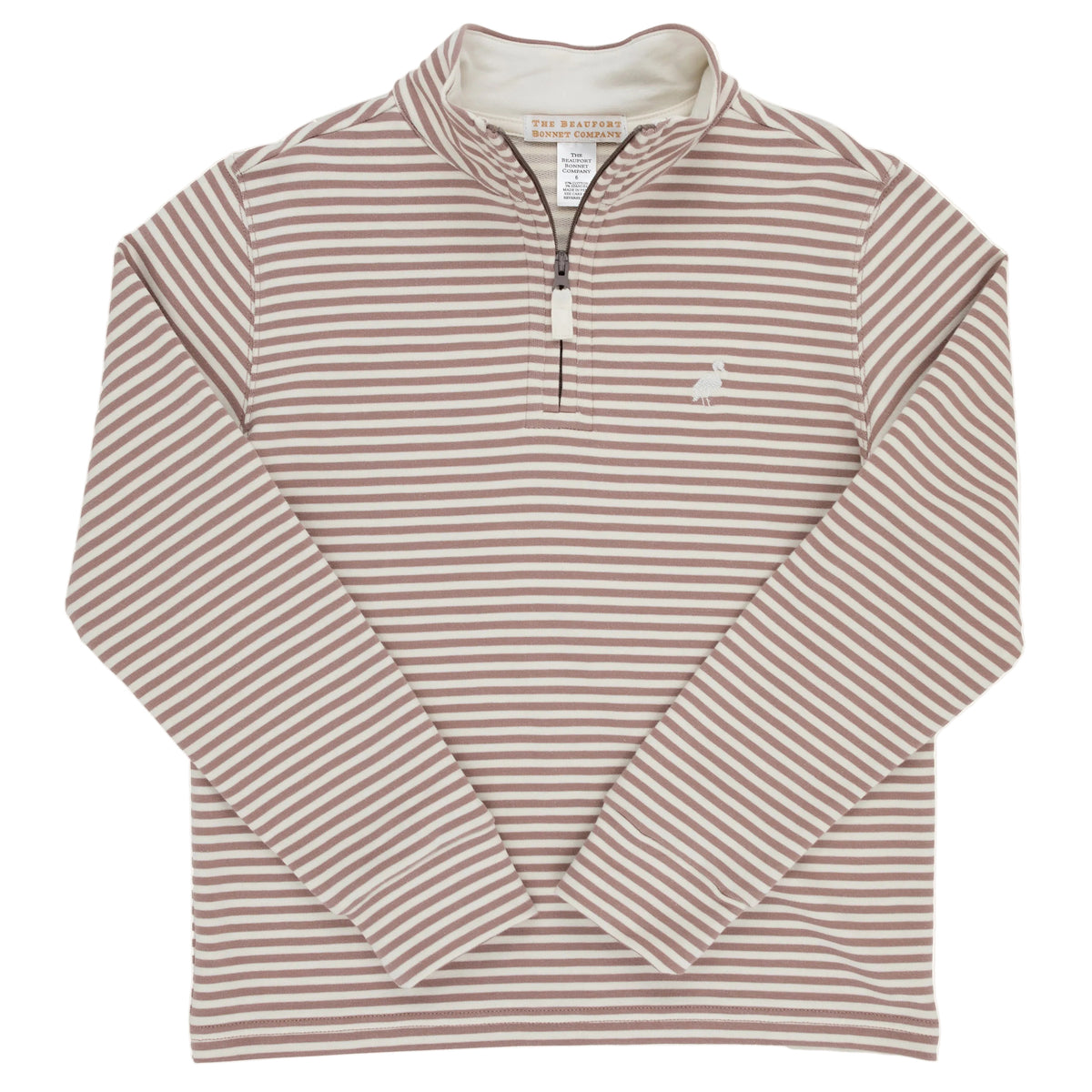 The Beaufort Bonnet Company Baby Boys’ and Boys’ Hayword Half-Zip features brown and white horizontal stripes, a quarter-zip collar, long sleeves, and a small embroidered logo on the left chest, offering a classic preppy style.