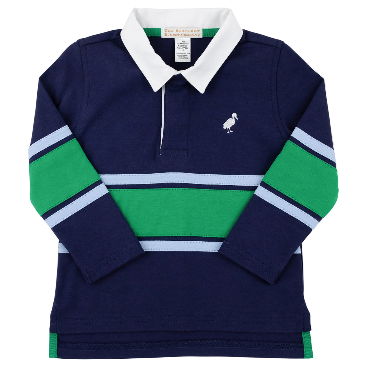 The Boys’ Rollins Rugby Shirt by The Beaufort Bonnet Company features a navy blue color with green and light blue stripes, crafted from soft Pima cotton, and is finished with a white collar and a small bird logo on the left chest.