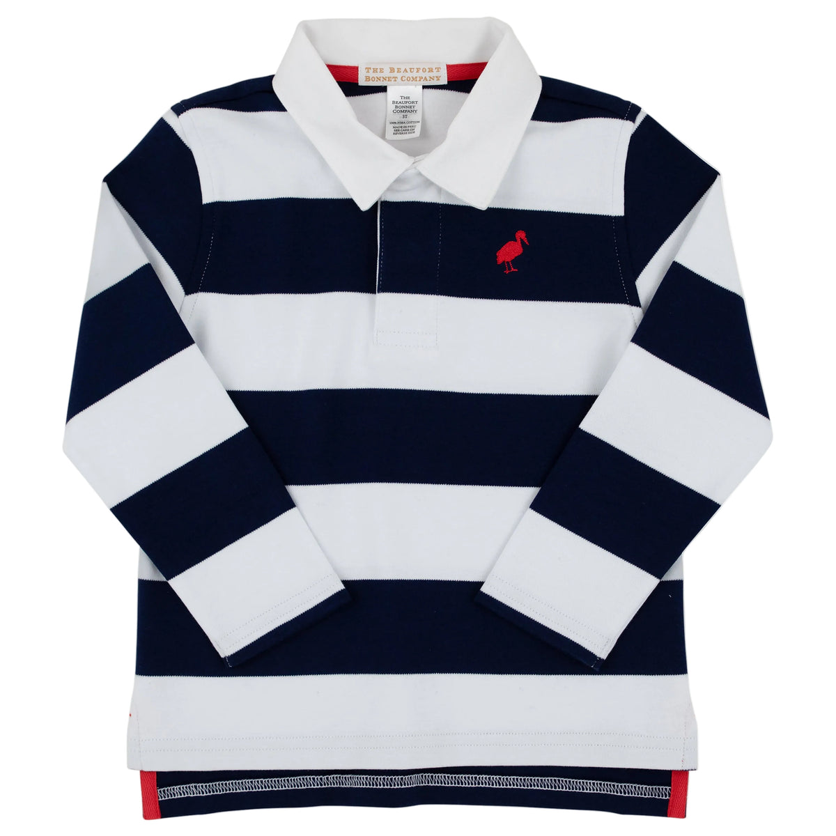 The Boys’ Rollins Rugby Shirt by The Beaufort Bonnet Company features navy and white horizontal stripes, a crisp white collar, and a small pink flamingo logo on the left chest. Made from soft Pima cotton, it offers ultimate comfort and style.