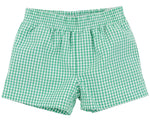 Baby Boys’ and Boys’ Sheffield Shorts by The Beaufort Bonnet Company, featuring a classic green and white gingham pattern and an elastic waistband, displayed flat against a white background. Inspired by the timeless style of the original Sheffield Shorts.