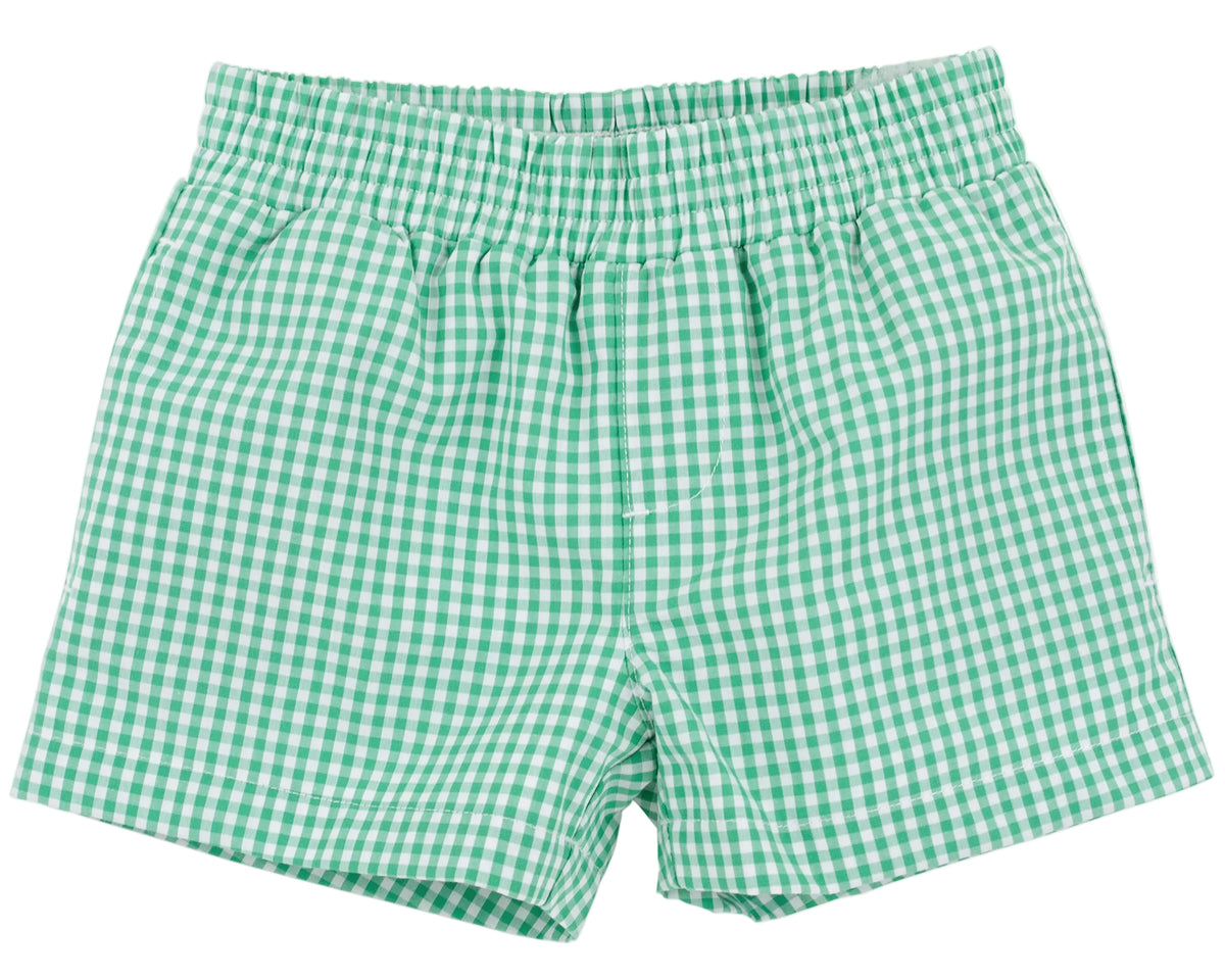 Baby Boys’ and Boys’ Sheffield Shorts by The Beaufort Bonnet Company, featuring a classic green and white gingham pattern and an elastic waistband, displayed flat against a white background. Inspired by the timeless style of the original Sheffield Shorts.