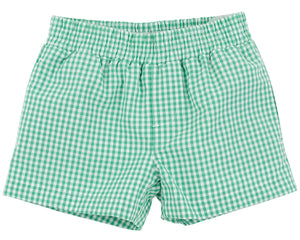 Baby Boys’ and Boys’ Sheffield Shorts by The Beaufort Bonnet Company, featuring a classic green and white gingham pattern and an elastic waistband, displayed flat against a white background. Inspired by the timeless style of the original Sheffield Shorts.