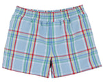 The Baby Boys’ and Boys’ Sheffield Shorts from The Beaufort Bonnet Company, designed in light blue plaid with red, green, and white stripes and featuring an elastic waistband, are displayed against a white background. These shorts offer classic style alongside everyday comfort.