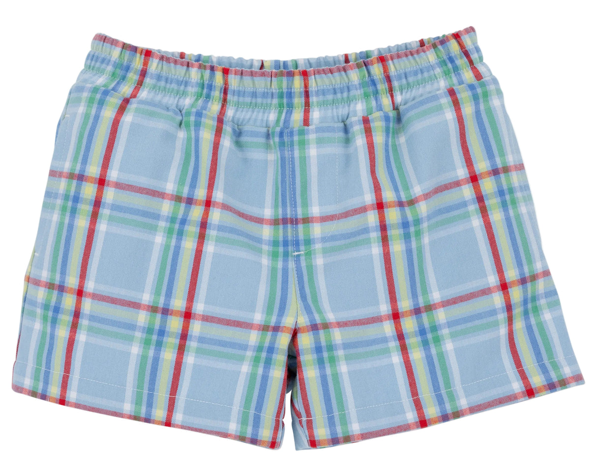 The Baby Boys’ and Boys’ Sheffield Shorts from The Beaufort Bonnet Company, designed in light blue plaid with red, green, and white stripes and featuring an elastic waistband, are displayed against a white background. These shorts offer classic style alongside everyday comfort.