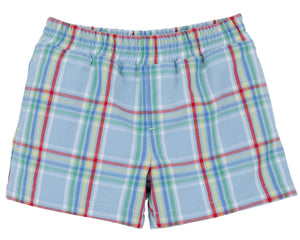 The Baby Boys’ and Boys’ Sheffield Shorts from The Beaufort Bonnet Company, designed in light blue plaid with red, green, and white stripes and featuring an elastic waistband, are displayed against a white background. These shorts offer classic style alongside everyday comfort.