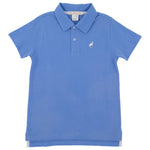 The Beaufort Bonnet Company’s Baby Boys’ and Boys’ Prim and Proper Beach Polo is a blue short-sleeve shirt crafted from soft Pima Cotton Knit, featuring a collar, three buttons, and a small white bird logo on the left chest.
