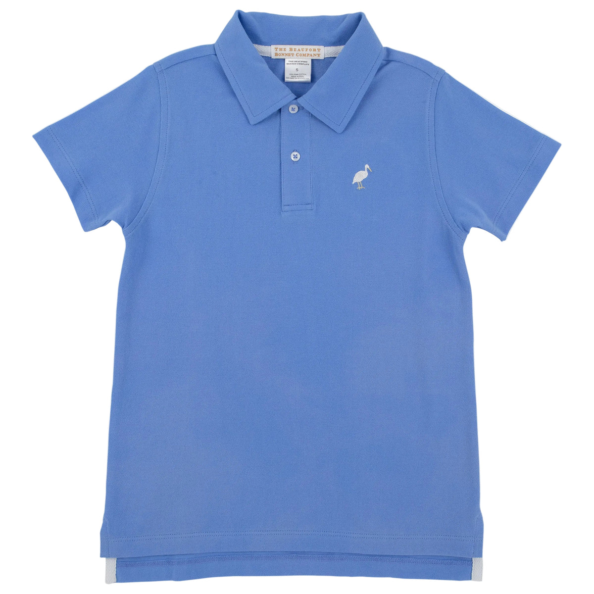 The Beaufort Bonnet Company’s Baby Boys’ and Boys’ Prim and Proper Beach Polo is a blue short-sleeve shirt crafted from soft Pima Cotton Knit, featuring a collar, three buttons, and a small white bird logo on the left chest.