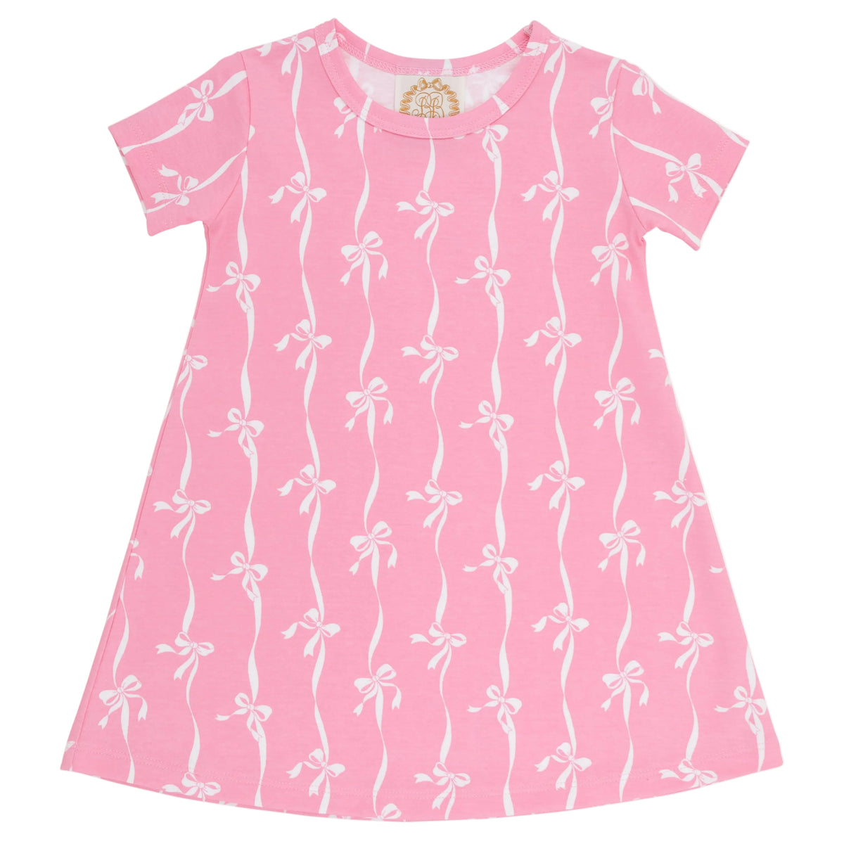 A Baby Girls’ and Girls’ Polly Play Dress by The Beaufort Bonnet Company, in pink with a white bow pattern and short sleeves, made from soft Pima Cotton Knit, is displayed flat against a white background.