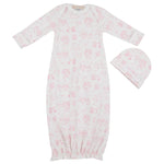 The Baby Adorable Everyday Set - Sir Proper’s Sweet Arrival by The Beaufort Bonnet Company features a white long-sleeved baby gown with a charming pink pattern and matching hat, beautifully displayed flat on a white background—an ideal Pima Cotton layette set and the perfect baby shower gift.