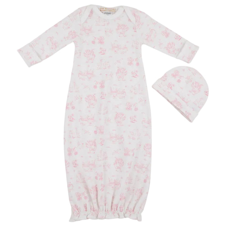 The Baby Adorable Everyday Set - Sir Proper’s Sweet Arrival by The Beaufort Bonnet Company features a white long-sleeved baby gown with a charming pink pattern and matching hat, beautifully displayed flat on a white background—an ideal Pima Cotton layette set and the perfect baby shower gift.
