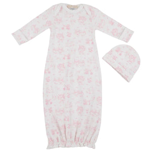 The Baby Adorable Everyday Set - Sir Proper’s Sweet Arrival by The Beaufort Bonnet Company features a white long-sleeved baby gown with a charming pink pattern and matching hat, beautifully displayed flat on a white background—an ideal Pima Cotton layette set and the perfect baby shower gift.