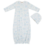 The Baby Adorable Everyday Set - Sir Proper’s Sweet Arrival by The Beaufort Bonnet Company features a white infant gown and matching hat adorned with a light blue animal print, crafted from ultra-soft Pima Cotton. With long sleeves and an elasticized bottom hem, this set is both comfortable and practical—making it a charming and thoughtful baby shower gift.