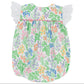 The Beaufort Bonnet Company Baby Girls’ Angel Sleeve Blythe Bubble, crafted from soft Pima Cotton with a multicolored floral print and white eyelet lace ruffle sleeves, is displayed flat on a white background.