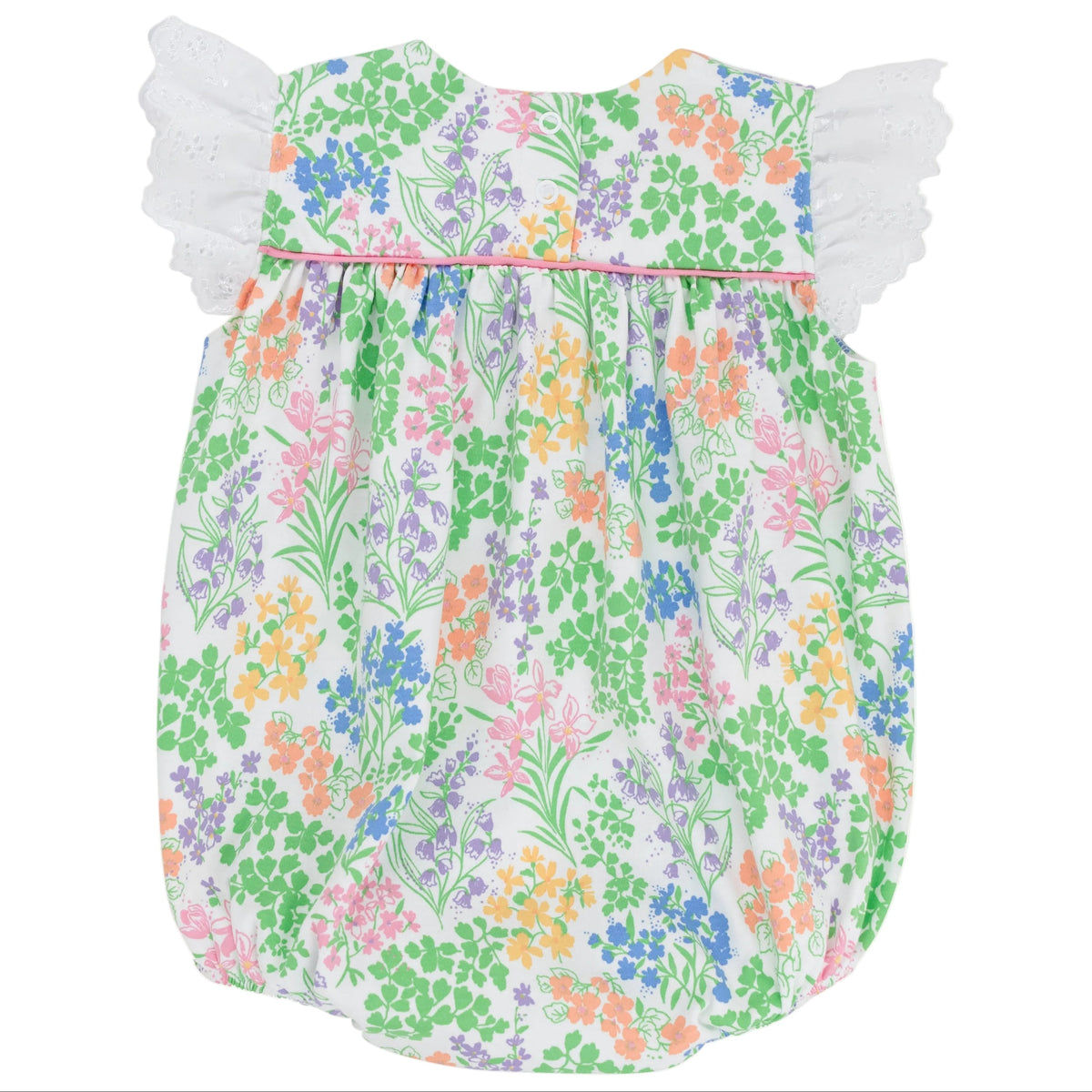 The Beaufort Bonnet Company Baby Girls’ Angel Sleeve Blythe Bubble, crafted from soft Pima Cotton with a multicolored floral print and white eyelet lace ruffle sleeves, is displayed flat on a white background.