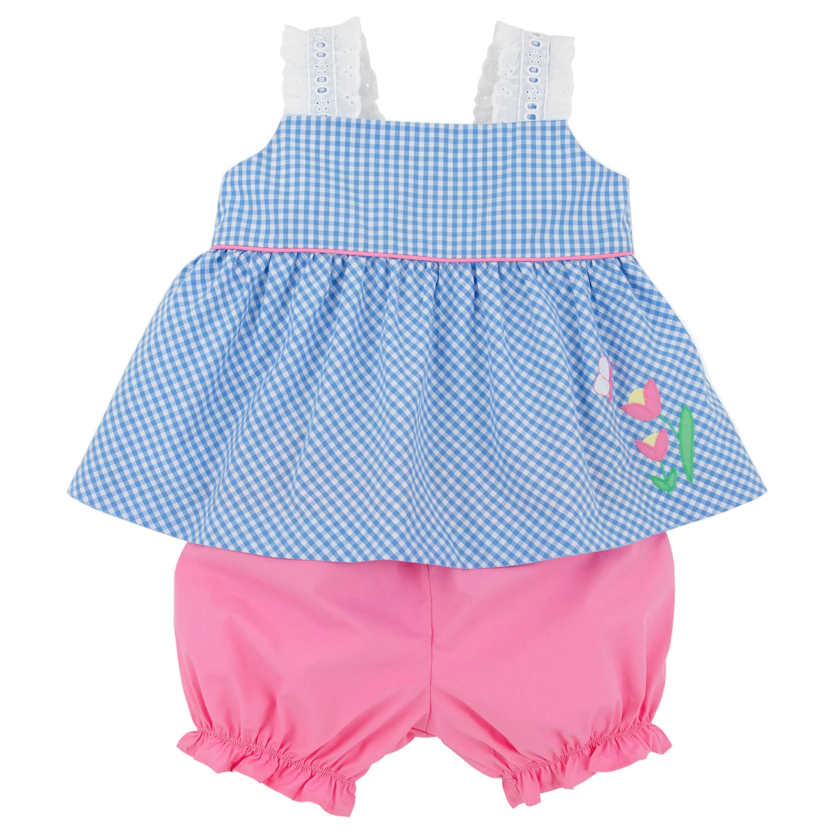 Baby Girls’ Babs Bloomer Set by The Beaufort Bonnet Company—this charming blue gingham dress features delicate white lace straps, pink trim, a tulip applique, and comes with matching pink bloomer shorts accented with ruffled leg openings.