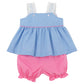 The Baby Girls’ Babs Bloomer Set from The Beaufort Bonnet Company features a blue and white gingham dress with white lace straps and coordinating pink bloomer shorts, adding a classic touch to your little one’s wardrobe.