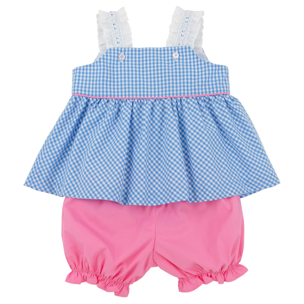 The Baby Girls’ Babs Bloomer Set from The Beaufort Bonnet Company features a blue and white gingham dress with white lace straps and coordinating pink bloomer shorts, adding a classic touch to your little one’s wardrobe.