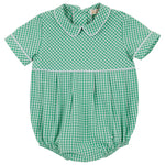 The Beaufort Bonnet Company’s Baby Boys’ Bradford Bubble is a green and white gingham baby romper featuring short sleeves, a Peter Pan collar, white piping trim, and gathered leg openings.