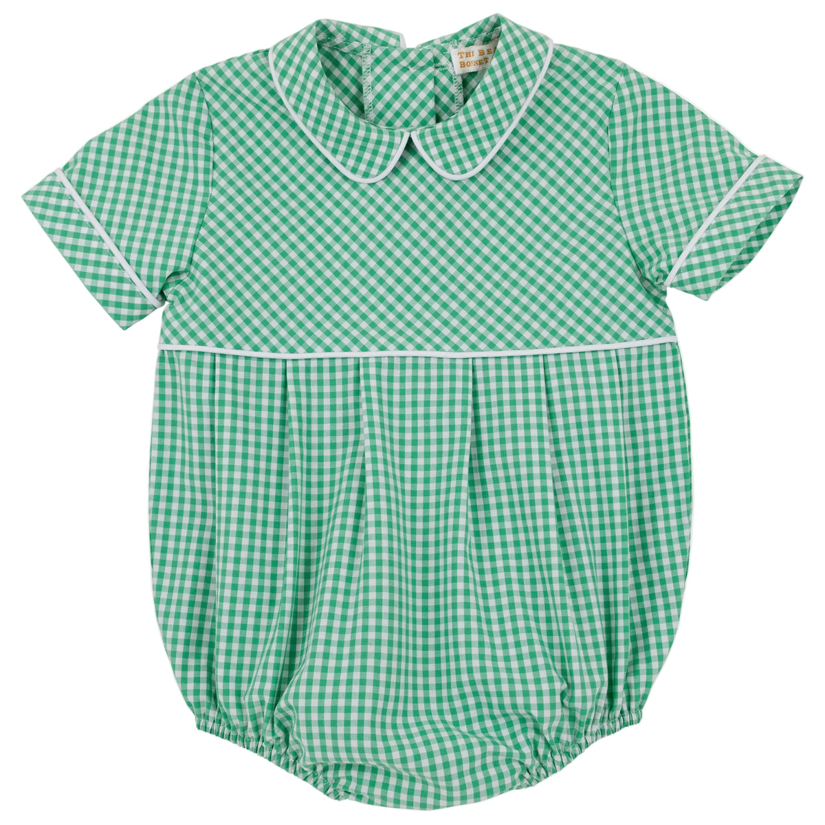 The Beaufort Bonnet Company’s Baby Boys’ Bradford Bubble is a green and white gingham baby romper featuring short sleeves, a Peter Pan collar, white piping trim, and gathered leg openings.