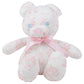 A white and pink patterned teddy bear with blue button eyes and a pink ribbon bow around its neck sits upright against a plain background. The Bradley Bear - Sir Propers Sweet Arrival by The Beaufort Bonnet Company makes an adorable baby shower gift.