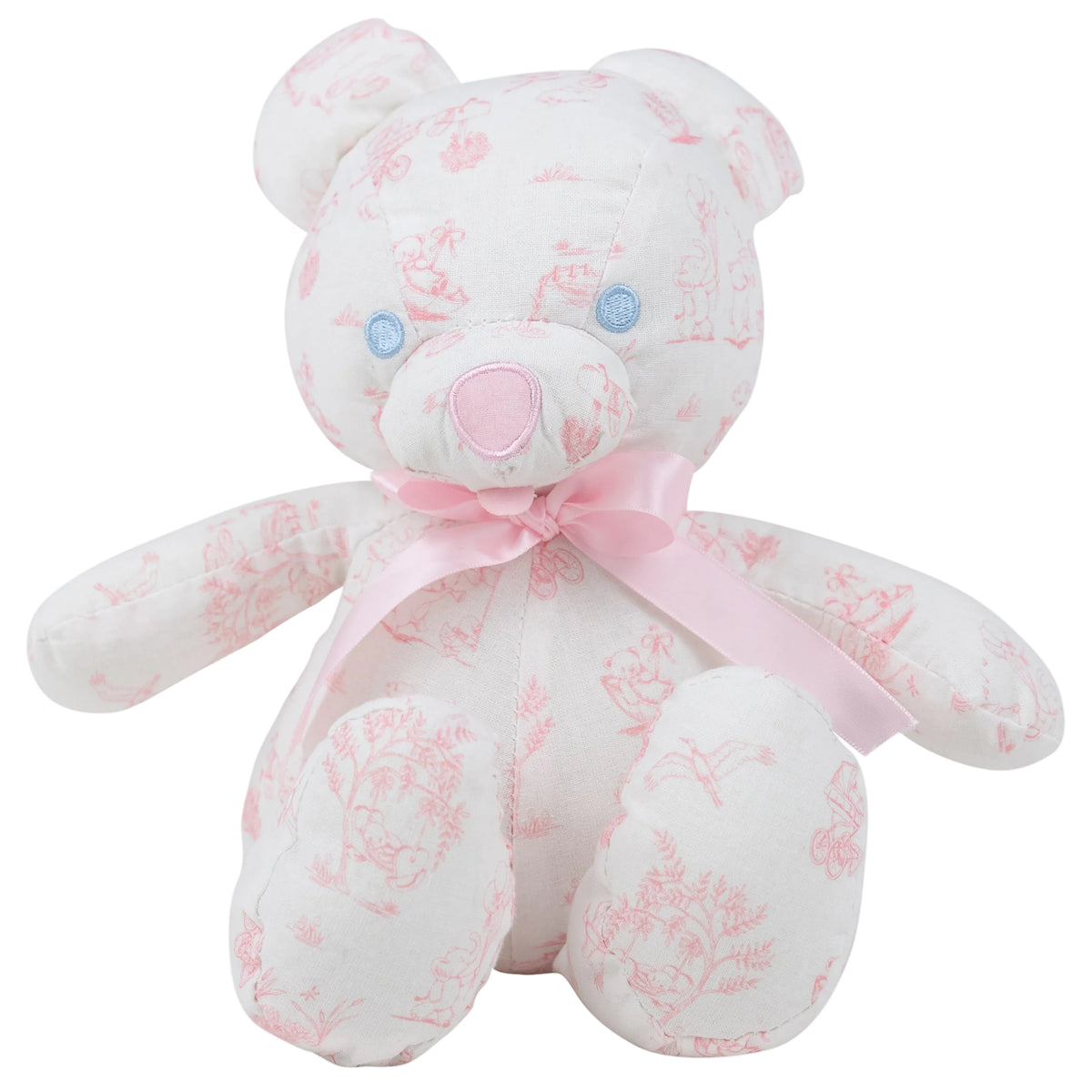 A white and pink patterned teddy bear with blue button eyes and a pink ribbon bow around its neck sits upright against a plain background. The Bradley Bear - Sir Propers Sweet Arrival by The Beaufort Bonnet Company makes an adorable baby shower gift.