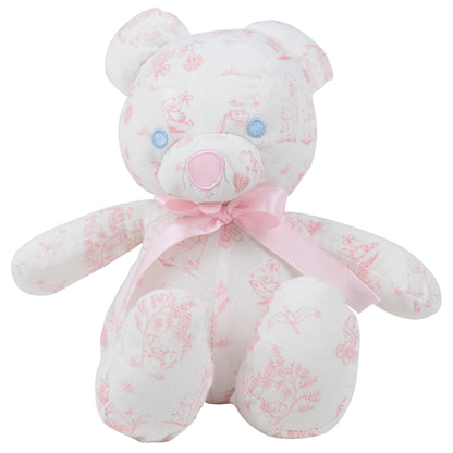 A white and pink patterned teddy bear with blue button eyes and a pink ribbon bow around its neck sits upright against a plain background. The Bradley Bear - Sir Propers Sweet Arrival by The Beaufort Bonnet Company makes an adorable baby shower gift.