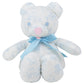 Bradley Bear - Sir Propers Sweet Arrival by The Beaufort Bonnet Company features light blue patterned fabric, blue eyes, a pink nose, and a blue ribbon around its neck. This charming stuffed bear sits upright against a white background and makes the perfect baby shower gift.