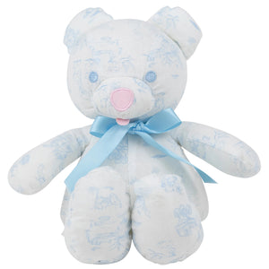 Bradley Bear - Sir Propers Sweet Arrival by The Beaufort Bonnet Company features light blue patterned fabric, blue eyes, a pink nose, and a blue ribbon around its neck. This charming stuffed bear sits upright against a white background and makes the perfect baby shower gift.