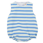 The Beaufort Bonnet Company Baby Boys’ Broadcloth Benjamin Bubble features a sleeveless design with blue, green, and white horizontal stripes, gathered leg openings, and a round neckline—capturing the timeless charm of this classic boy’s bubble romper.