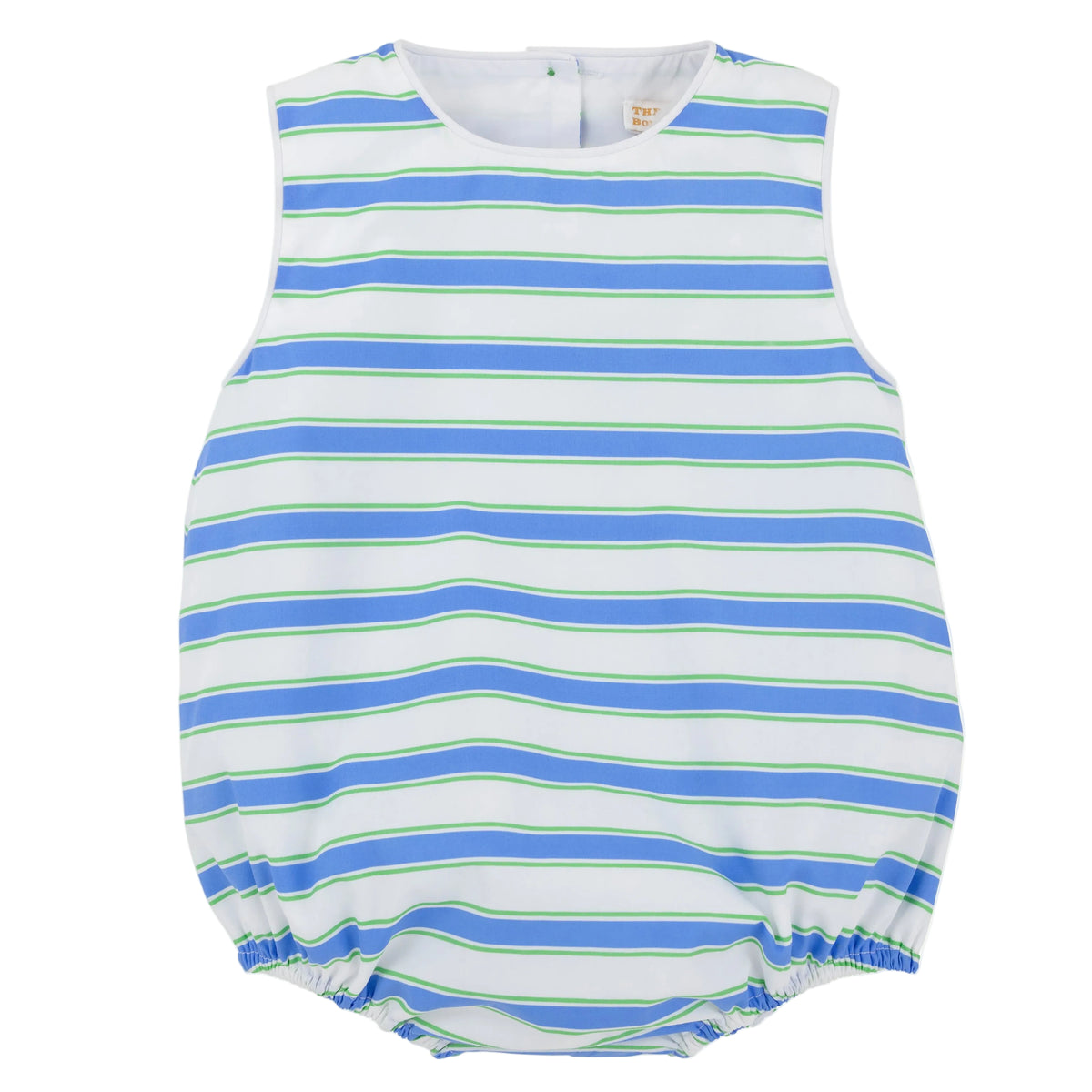 The Beaufort Bonnet Company Baby Boys’ Broadcloth Benjamin Bubble features a sleeveless design with blue, green, and white horizontal stripes, gathered leg openings, and a round neckline—capturing the timeless charm of this classic boy’s bubble romper.