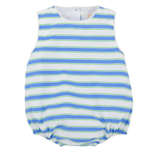 The Beaufort Bonnet Company Baby Boys’ Broadcloth Benjamin Bubble features a sleeveless design with blue, green, and white horizontal stripes, gathered leg openings, and a round neckline—capturing the timeless charm of this classic boy’s bubble romper.