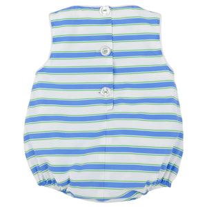 Introducing the Baby Boys’ Broadcloth Benjamin Bubble by The Beaufort Bonnet Company—a sleeveless bubble romper with blue, green, and white horizontal stripes, finished with three white buttons down the back and elastic leg openings. This classic style is inspired by the brand’s signature Benjamin Bubble design.
