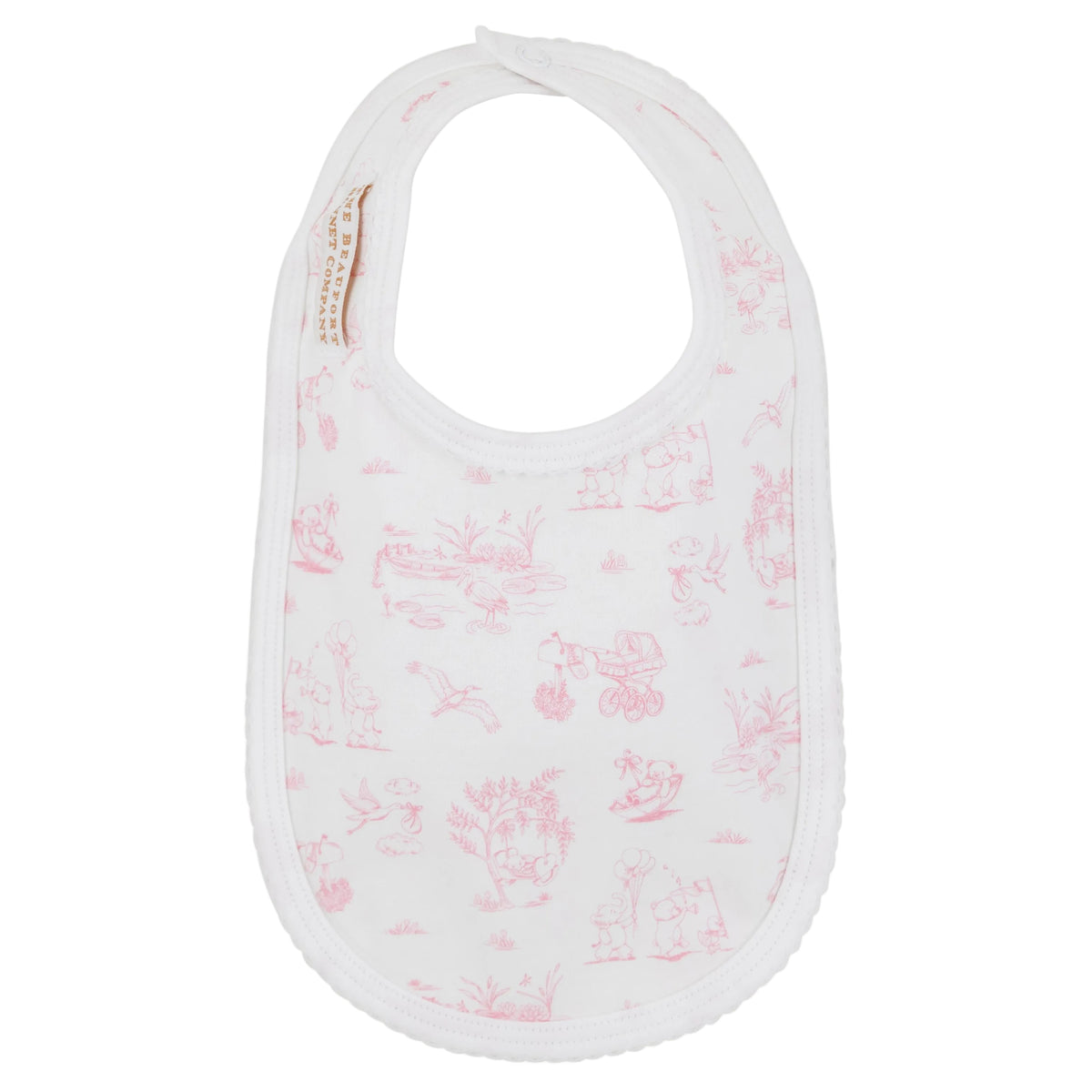 The Burp Me Bib - Sir Propers Sweet Arrival by The Beaufort Bonnet Company is a white baby bib adorned with a subtle pink pattern of small animal and object drawings, made from soft Pima cotton. It features a convenient snap closure at the neck, making it a charming addition to any baby gift set.