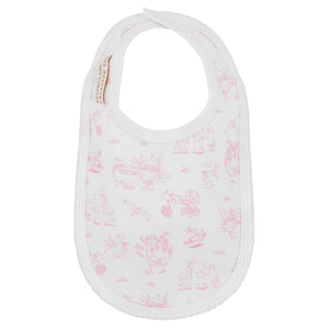 The Burp Me Bib - Sir Propers Sweet Arrival by The Beaufort Bonnet Company is a white baby bib adorned with a subtle pink pattern of small animal and object drawings, made from soft Pima cotton. It features a convenient snap closure at the neck, making it a charming addition to any baby gift set.