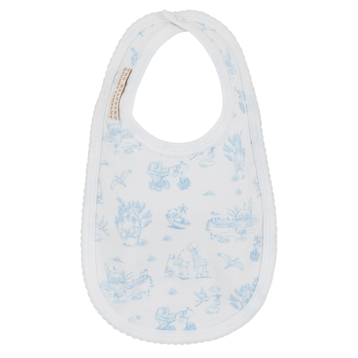 The Burp Me Bib – Sir Proper’s Sweet Arrival by The Beaufort Bonnet Company features light blue illustrations of outdoor scenes with children and animals. Crafted from soft Pima cotton with a rounded neckline, this gentle baby bib is perfect for thoughtful gift sets.