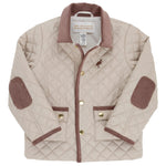 The Beaufort Bonnet Company Baby Boys’ and Boys’ Caldwell Quilted Coat, shown flat against a white background, features a beige quilted design with brown corduroy details on the collar, elbow patches, and pocket trim, as well as an embroidered bird logo on the chest.