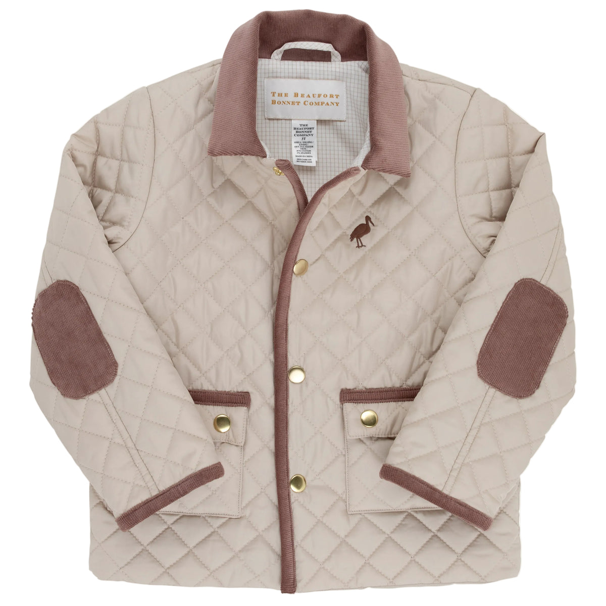 The Beaufort Bonnet Company Baby Boys’ and Boys’ Caldwell Quilted Coat, shown flat against a white background, features a beige quilted design with brown corduroy details on the collar, elbow patches, and pocket trim, as well as an embroidered bird logo on the chest.