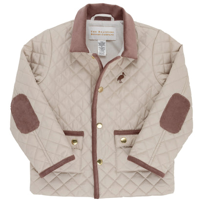 The Beaufort Bonnet Company Baby Boys’ and Boys’ Caldwell Quilted Coat, shown flat against a white background, features a beige quilted design with brown corduroy details on the collar, elbow patches, and pocket trim, as well as an embroidered bird logo on the chest.